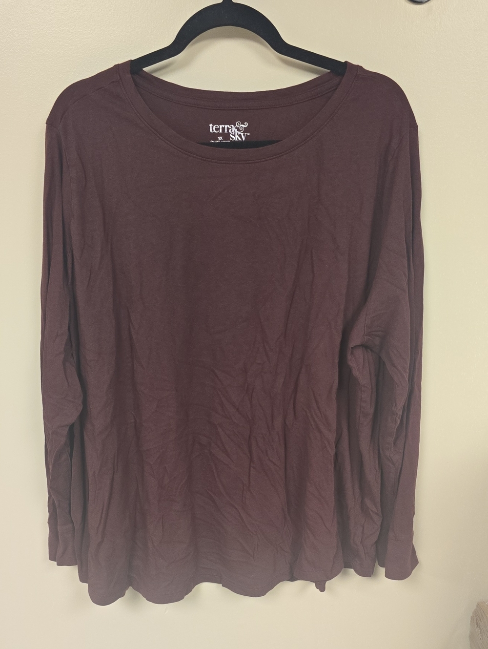 Terra & Sky Long-Sleeve Crewneck Top in Deep Burgundy